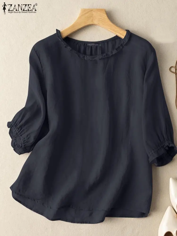 ZANZEA Women Autumn Ruffles Blouse Pure Cotton 3/4 Sleeve O-Neck Chemise Femme Fashion Causal Tops Loose Work OL Solid Shirt