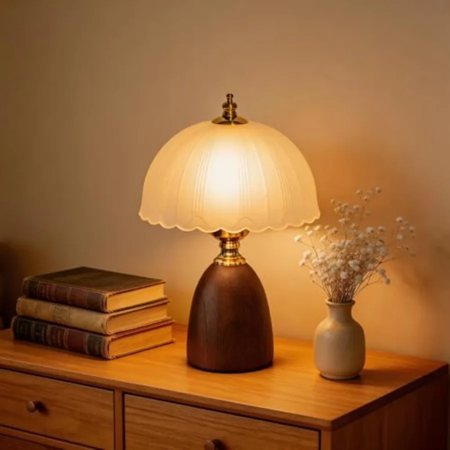 

11.8" Mid-Century Modern Small Table Lamp, Vintage Scalloped Frosted Glass Bedside Lamp for Bedroom Living Room, Solid Walnut W