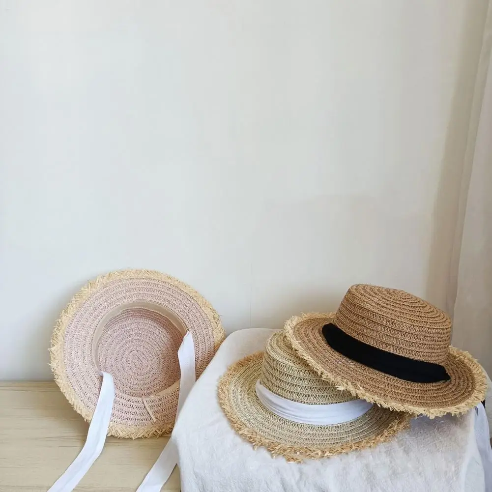 Lady Straw Hat Manual Braided Women Summer Cap Fixed Strap Sunshade  Chic Bow-knot Women Sunhat