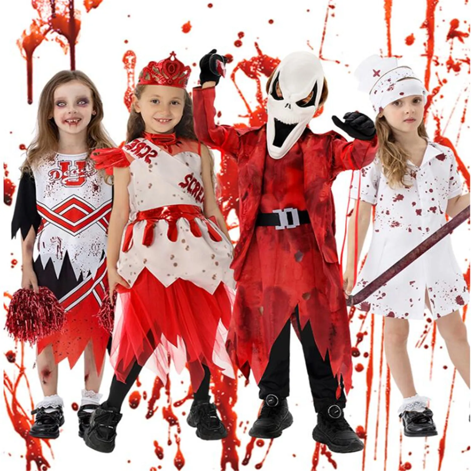

Kids Halloween Horror Costume Ghostface Horror Cheerleader Nurse Cosplay Costume For Boys Girls Stage Performance Costume
