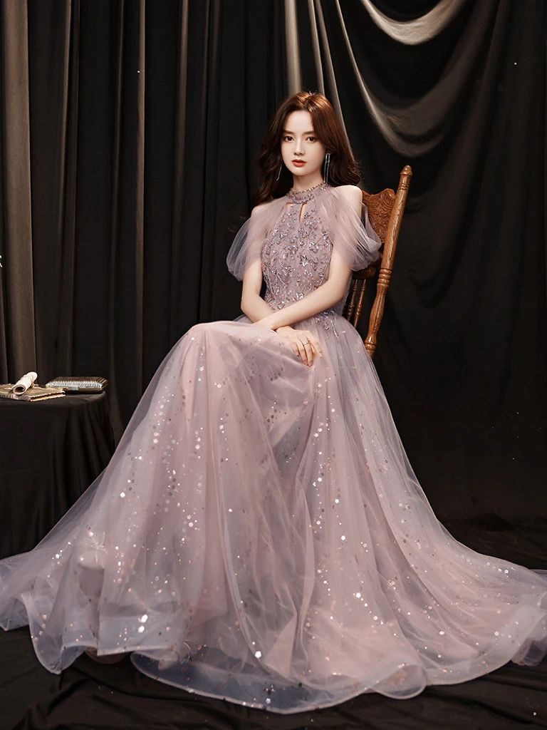 Robe de soirée élégante rose violet, Champagne, paillettes brillantes, col licou, épaules dénudées, ligne A, fermeture éclair appliquée, cérémonie de bal pour femme