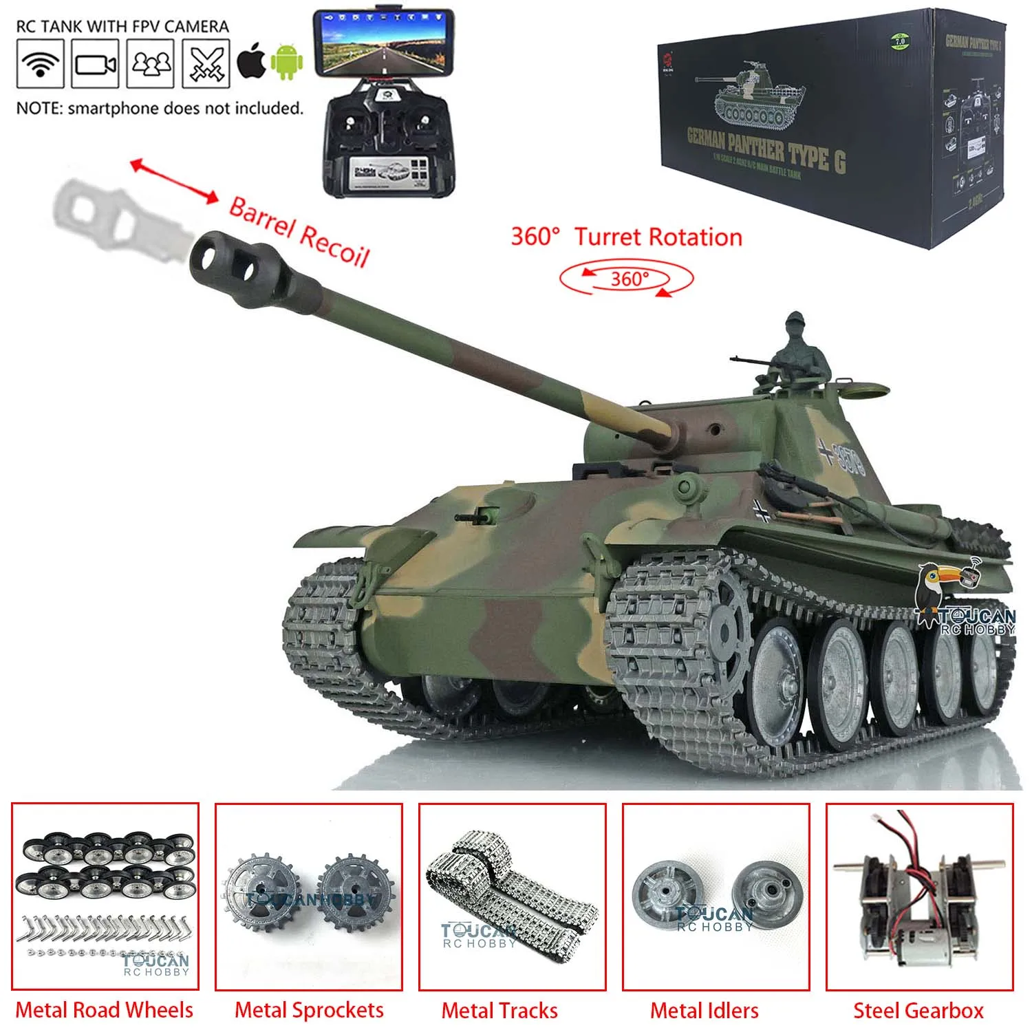 1/16 Heng Long RC Tank 7.0 FPV Customized Panther G RTR 3879 Metal Tracks Wheels TH17492-SMT4