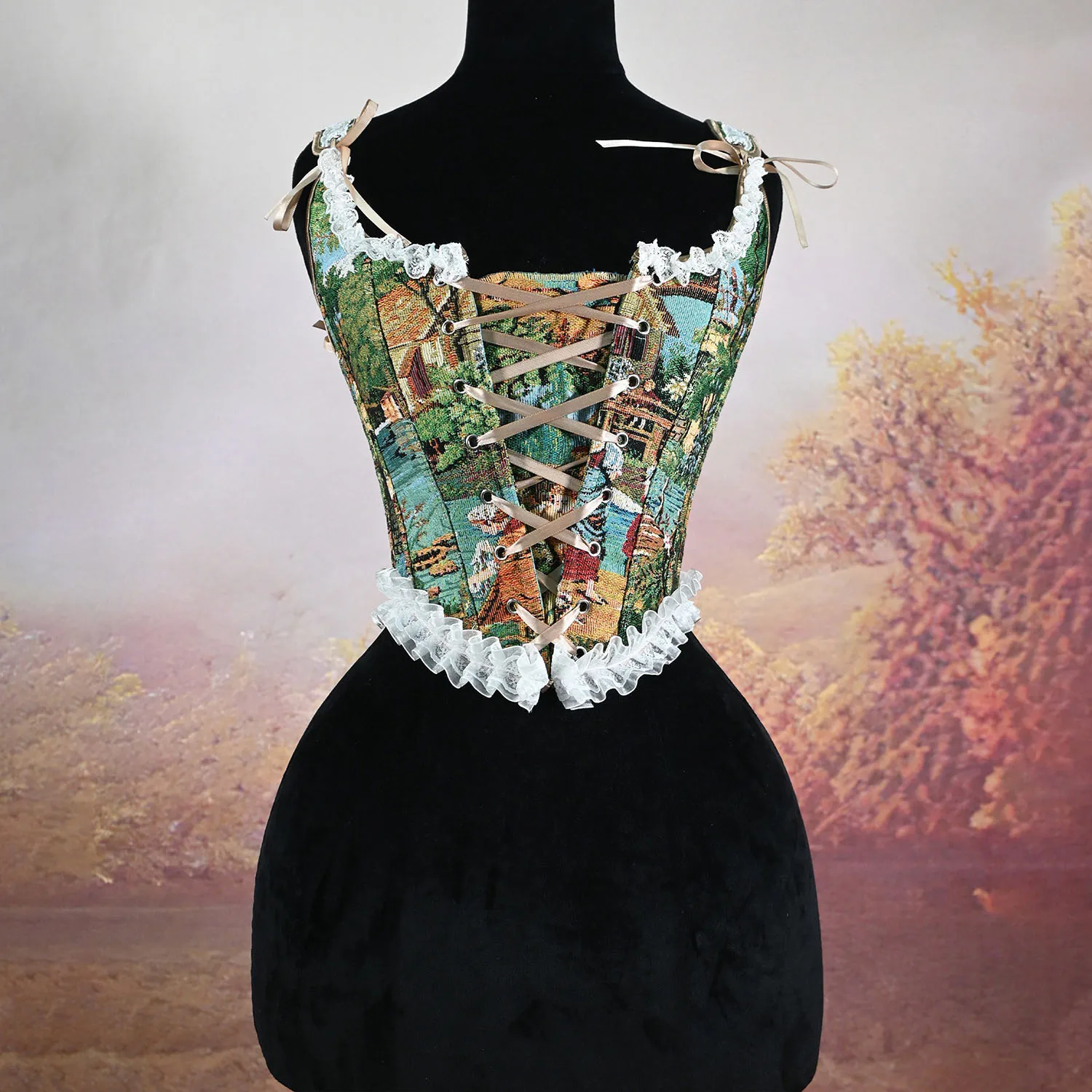 Vintage Oil Painting Landscape Jacquard Corset, Ruffled Lace-Up Bustier Top, Lolita Gothic Court Style Slim Tank Top