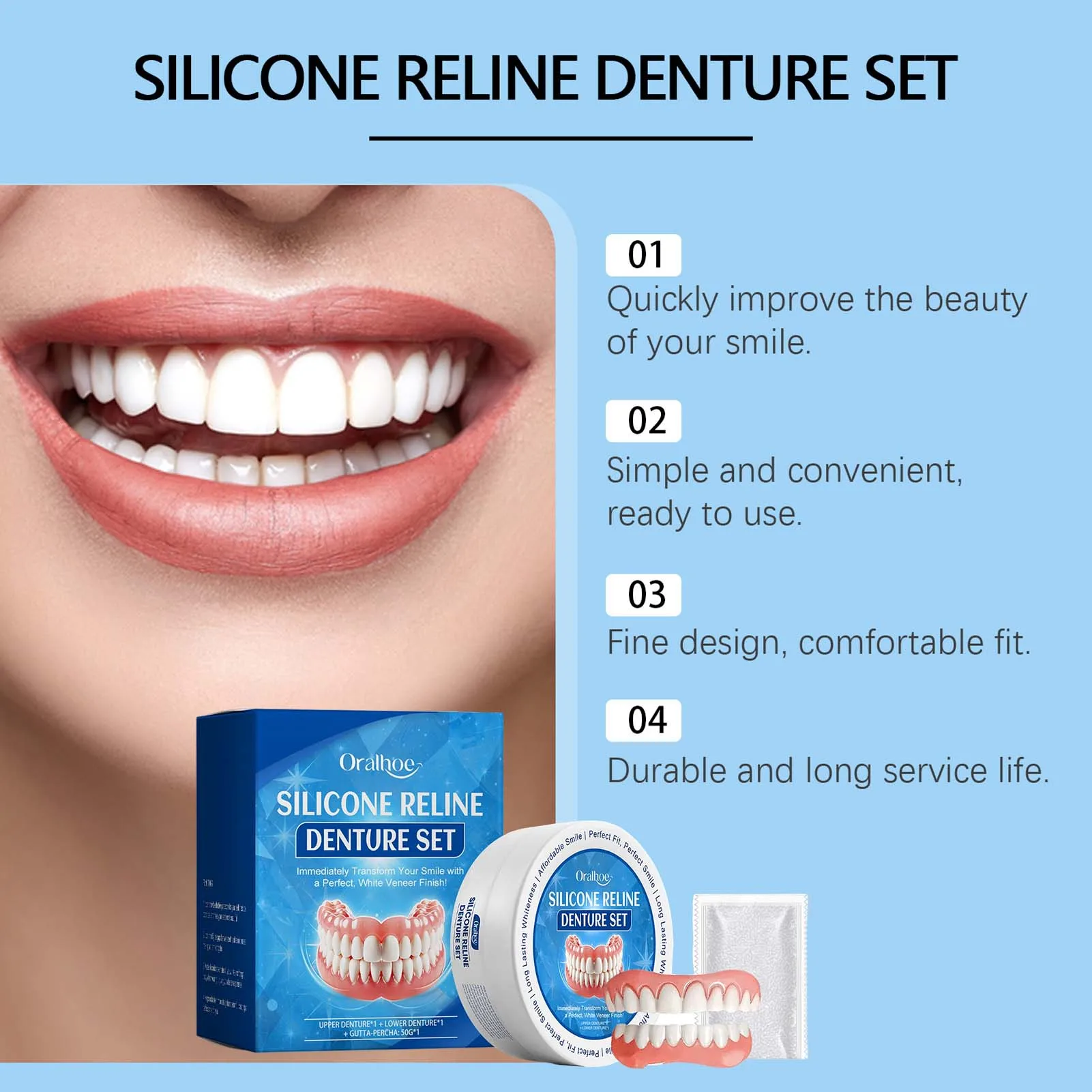 Silicone Reline Denture Set Comfort Fit Dentures Teeth Set for Daily & Formal Use Cosplay