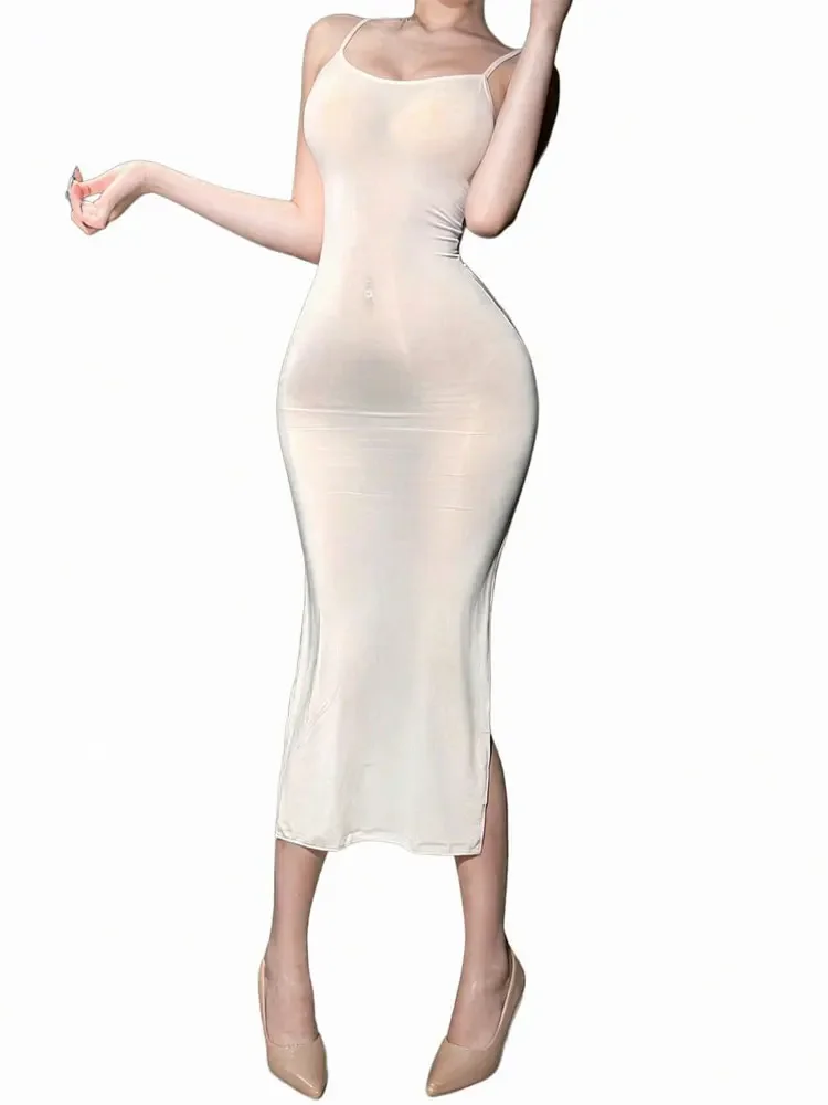 Fashion Women Smooth Elastic Strap High Slit Long Dress Bodycon Shaping Slip Dresses Woman Nightclub One Step Maid Dress