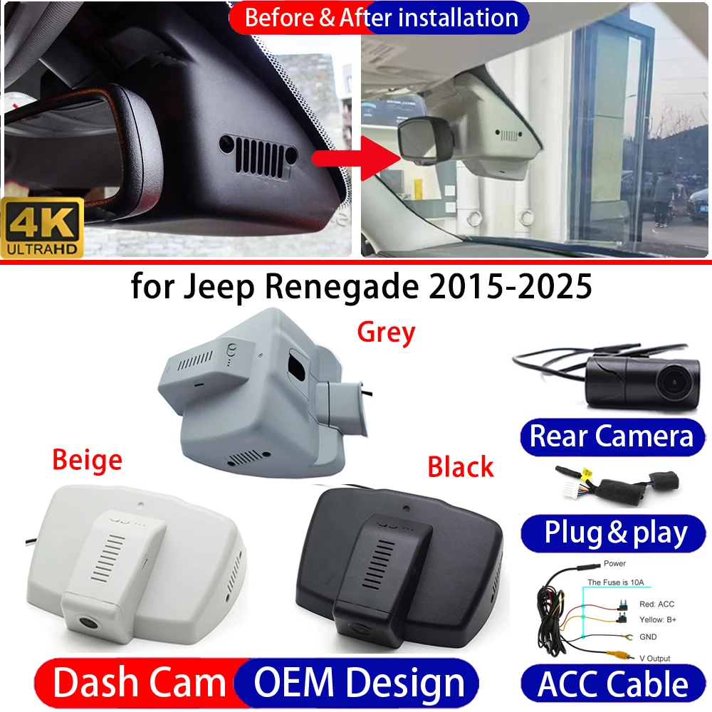 Dash Cam for Jeep Renegade 2015-2025 Front＆Rear 4K UHD DVR Dashboard Camera Video Drive Recorder Night Vision Parking Mode