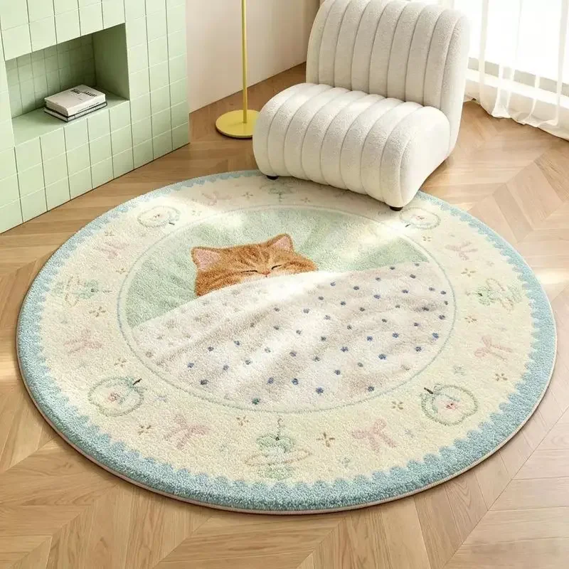VIKAMA Blue White Cute Apple Pattern Round Rug Kawaii Fruit Soft Floor Mat Kids Bedroom Home Decor Accent Durable Cozy Aesthetic