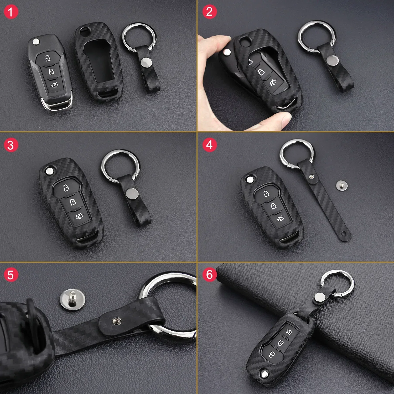 Flip Car Key Fob Cover Case Chain For Ford Ecosport F150 F250 F350 F450 XLT Ranger XL Maverick Everest Carbon Fiber Look view 6