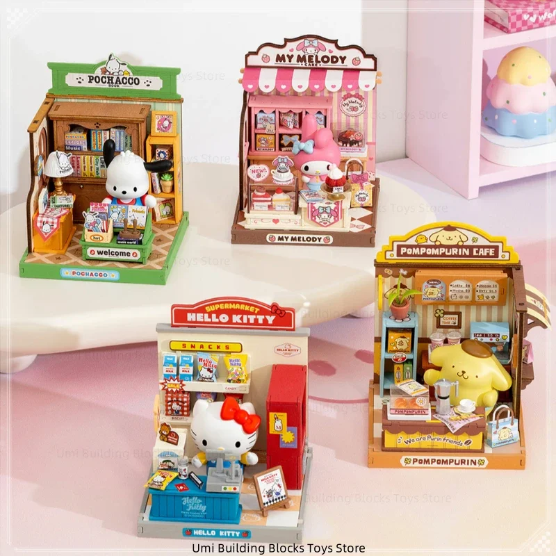 Nowa rodzina Sanrio Cute Store Manager Series Zmontowane klocki Hut Mini zabawkowy model Dekoracja Prezenty świąteczne dla dzieci