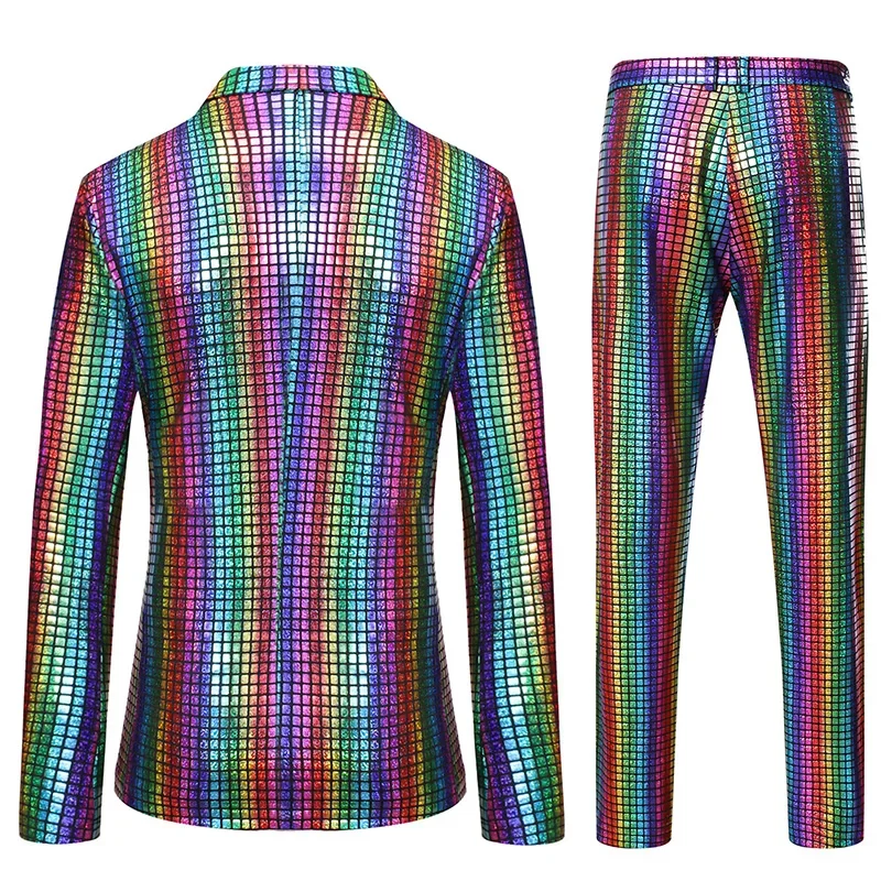 Mens Stage Prom Suits Shiny Rainbow Plaid Sequin Jacket Pants Men Dance Festival Christmas Halloween Party Costume Homme