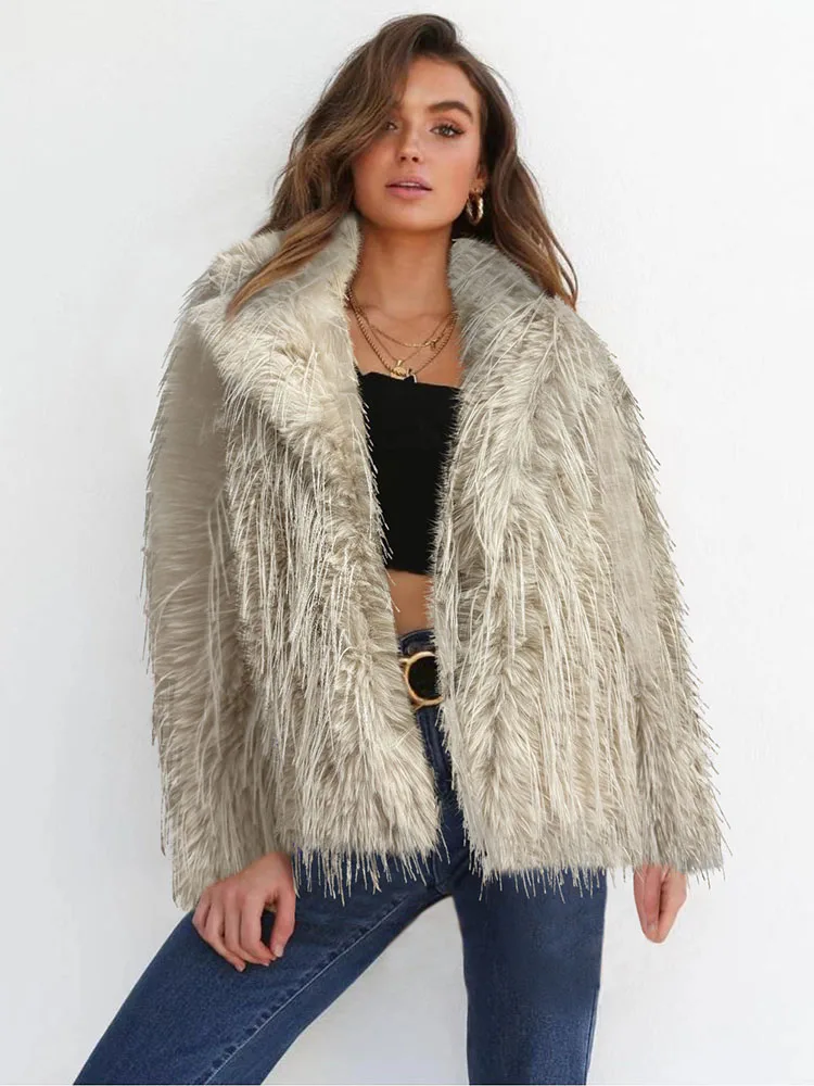 Zadorin casual lapela peludo branco preto casaco de pele do falso roupas femininas elegantes borlas solto casaco de pele do falso jaquetas de inverno outerwears
