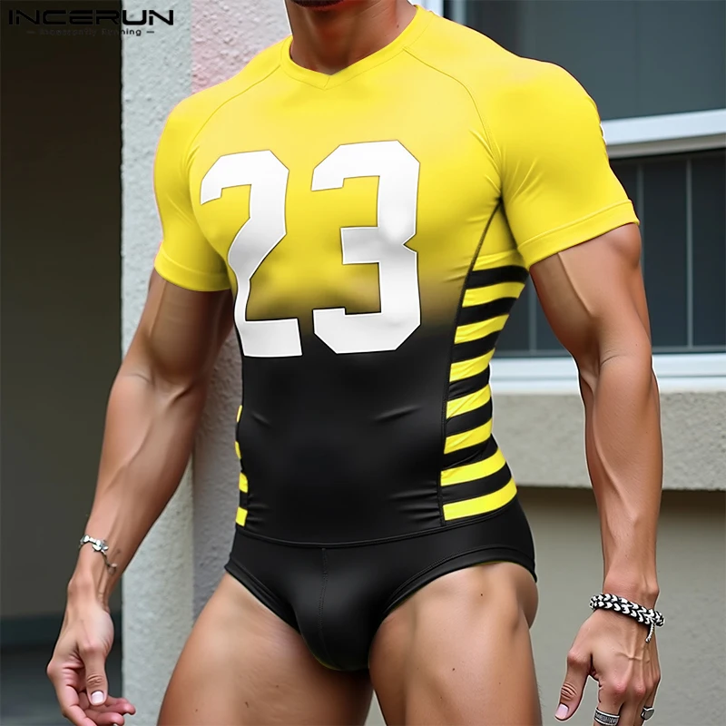 

INCERUN Men Bodysuits Printing Patchwork V Neck Short Sleeve Male Rompers Summer Workout 2025 Gradient Fashion Playsuits S-3XL