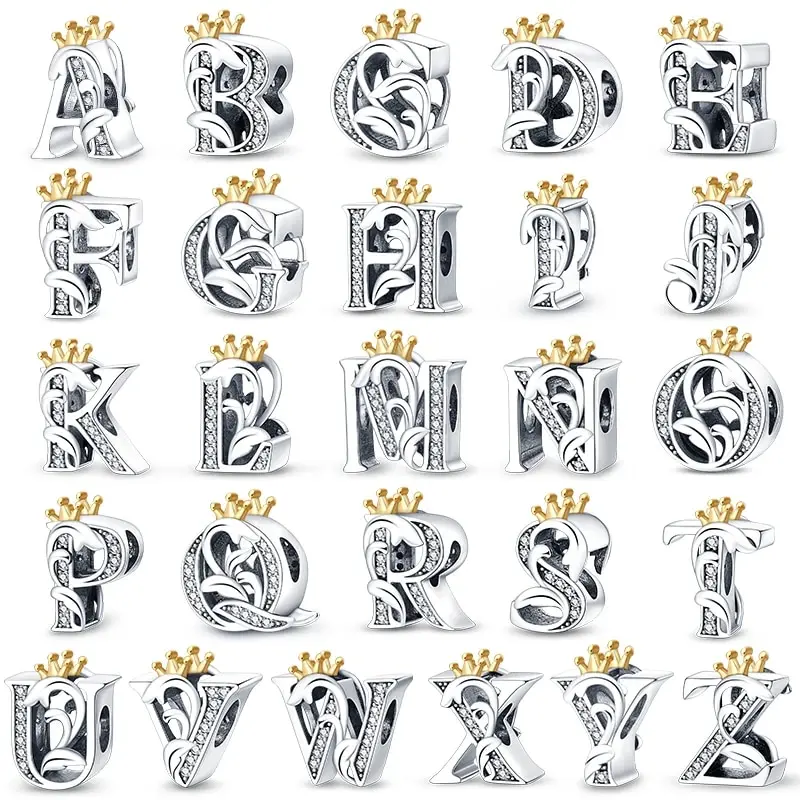 Fits Pandora 925 Original Bracelet Classic Crown 26 Alphabet Alphabet Charm Beads for Women Beautiful DIY Wedding Jewelry Gift