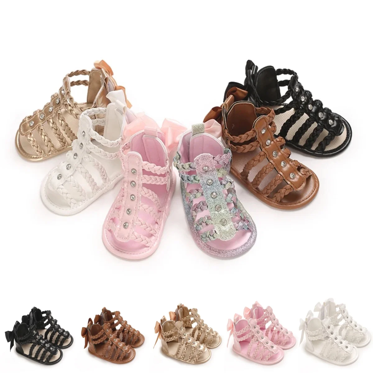 

0-18Months Summer Roman Sandals Open Toe Woven Solid Color High Cut Minimalist Rivet Girl Baby Fashion Flat Sandals