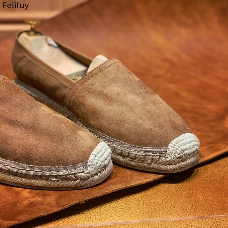 Brown Blue linen Grass Woven Summer Genuine LeatherLoafer Shoes Slip On Men Lazy Shoes Fishman Shoes Men's Flats Casual Shoes