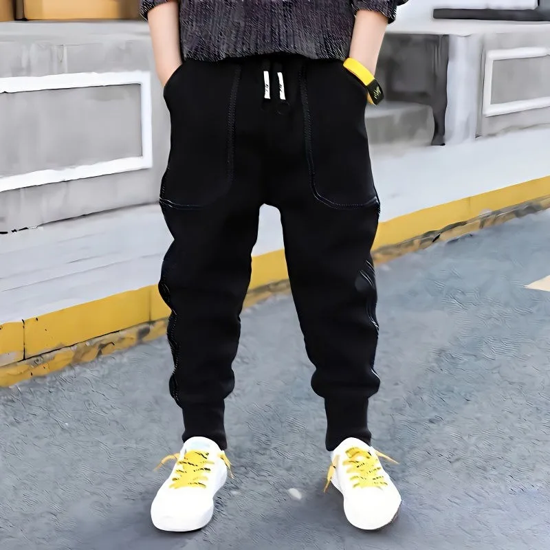 

【Hot Sale】Boys Autumn Winter Elastic Denim Fleece-Lined Thickened Cargo Pants, Stylish Korean Toddler Big Kids Casual Pants