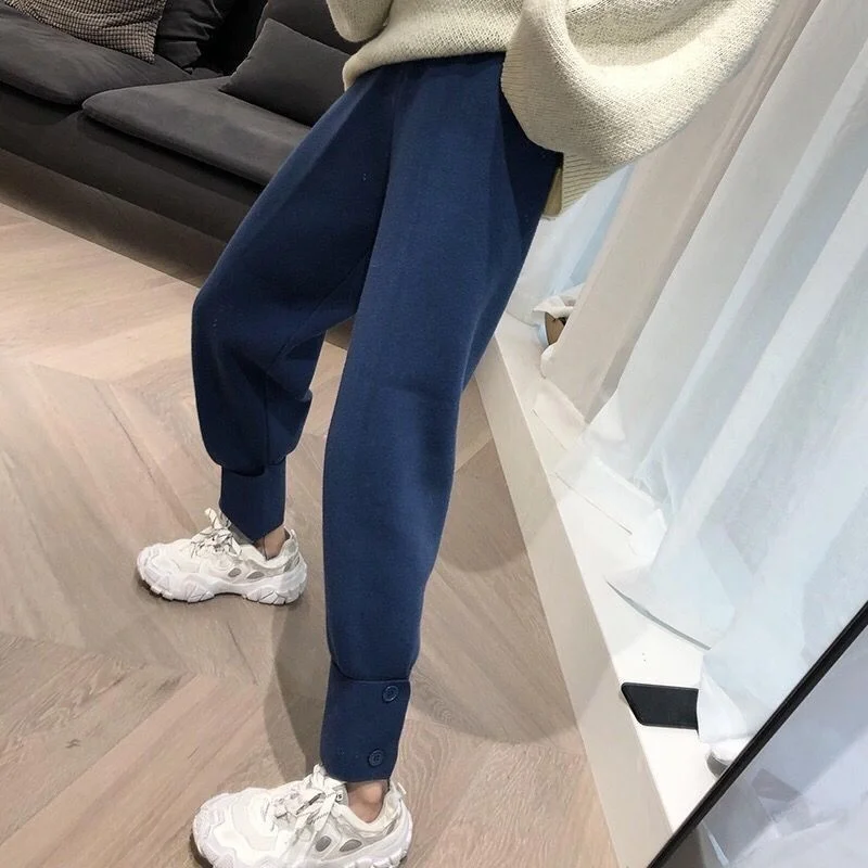 

Woman Solid Color Knitted Wide Leg Pant Female High Waist Drawstring Straight Trousers Ladies Elegant All-match Long Pants G253