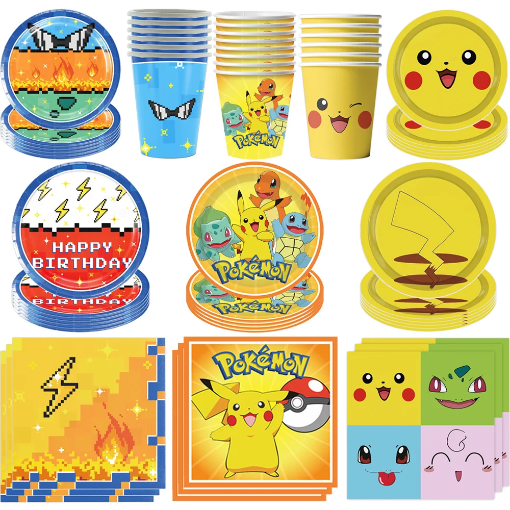 Hot Pokemon Birthday Decoration Disposable Tableware Tablecloth Cup Plate Napkin Pikachu Baby Shower Kids Party Supplies