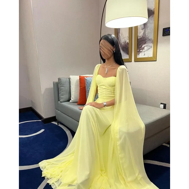 Fimora Yellow Chiffon Long Prom Gown customized A-line Sweetheart Women Party Dress Floor Length Pleated Backless Evening Gowns