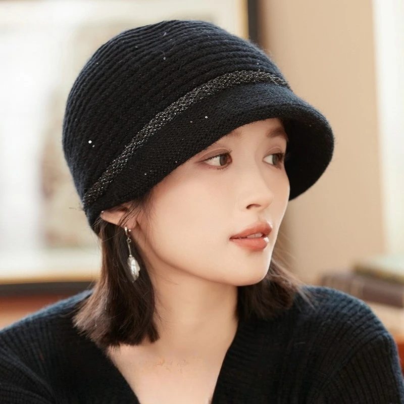Light Luxury Rabbit Fur Hat Elegant Bright Silk Ear Protector Middle-aged and Elderly Knitted Hat Warm Thickened Mother Hat
