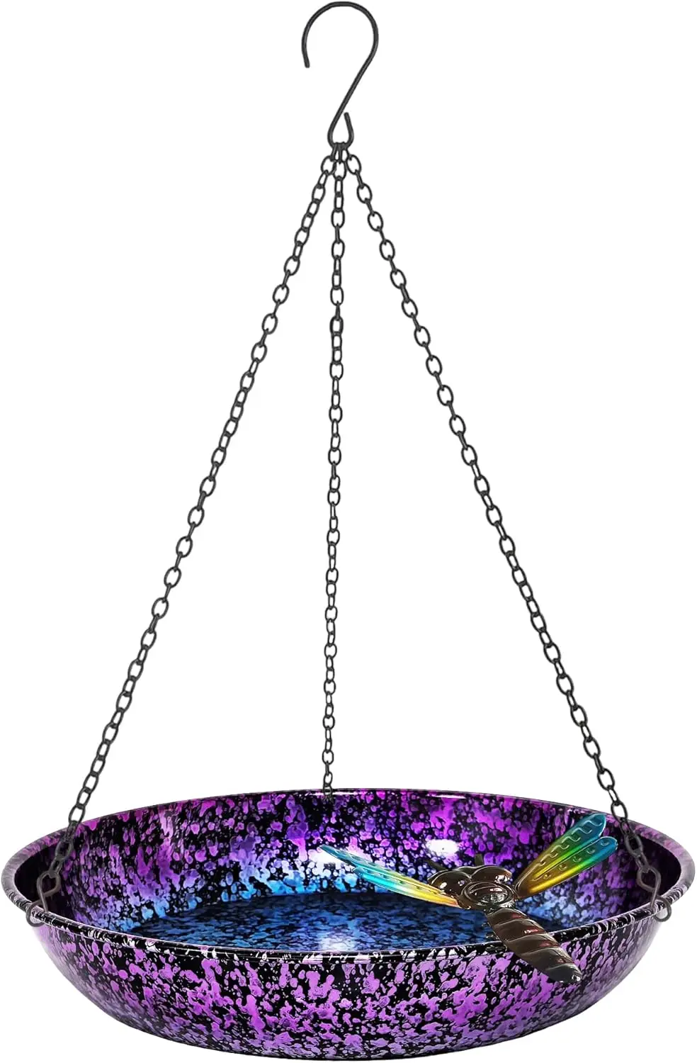 

11" Hanging Metal Bird Bath, Purple & Blue, Rust-Proof, with Dragonfly Decor