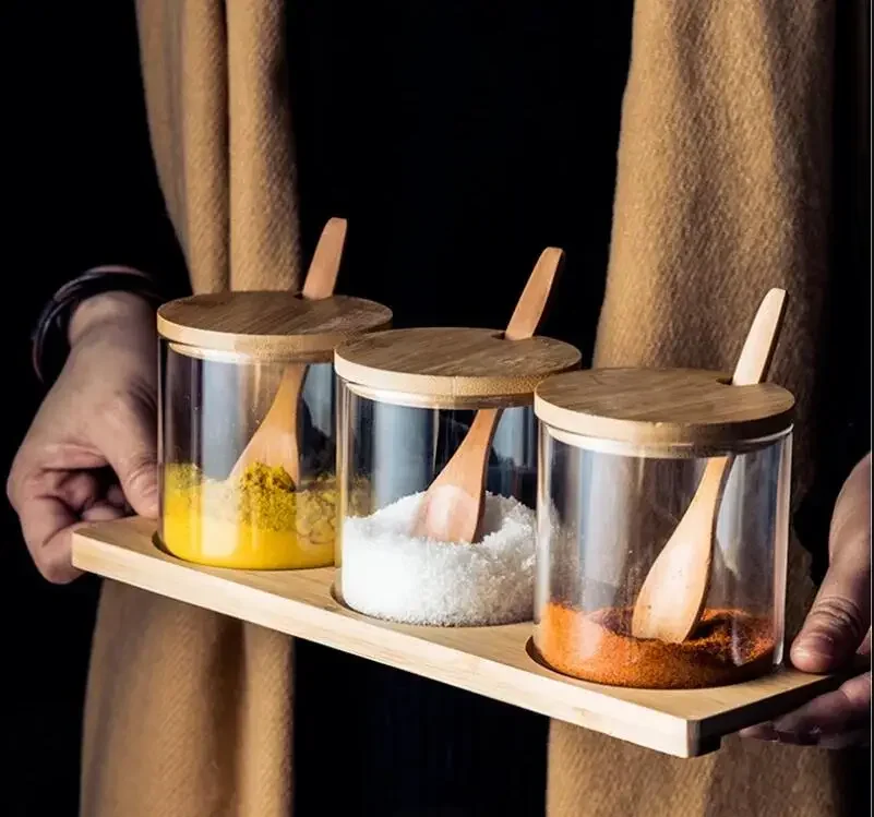 

Glass Seasoning Jar 3 Piece Set Spice Kitchen Supplies Container Box Condiment Bottles Salt Shaker