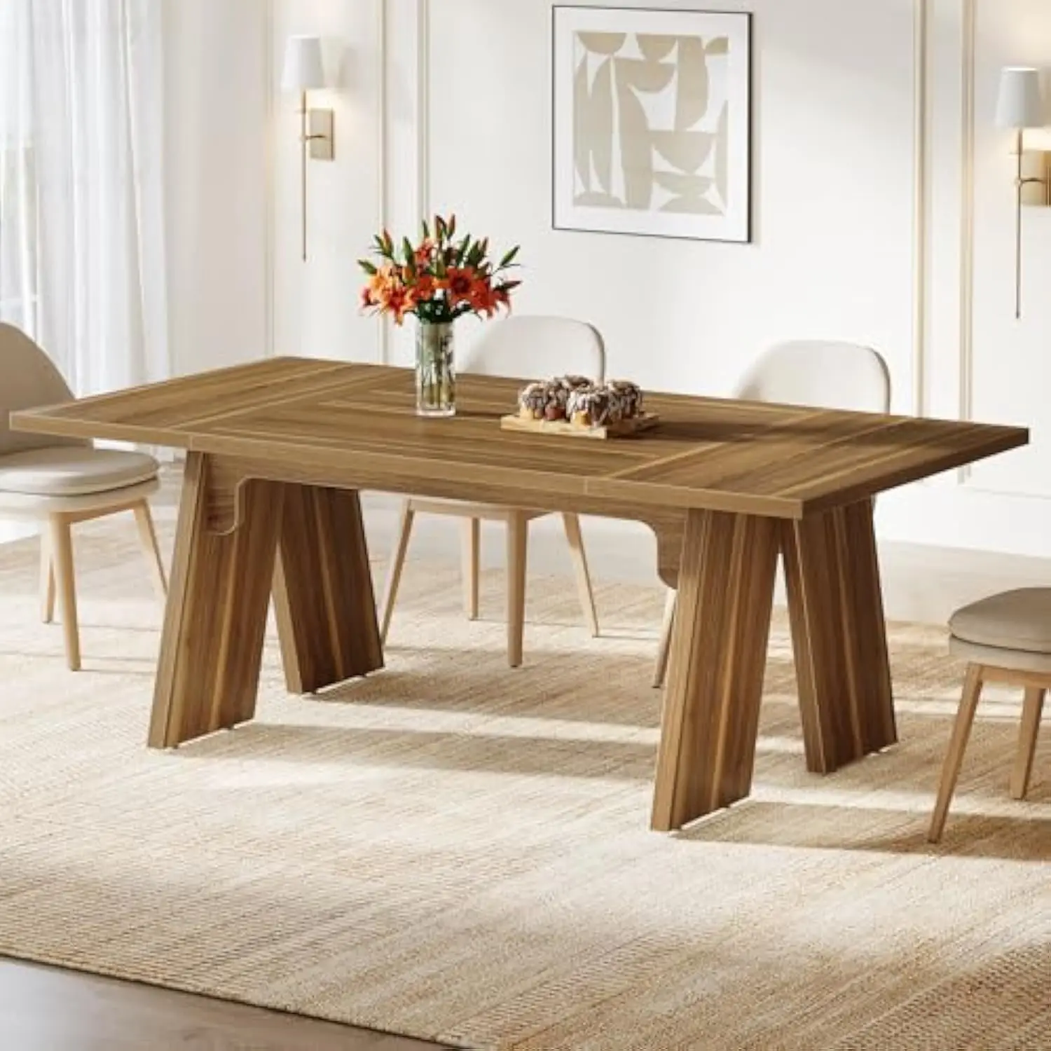 

71 Large Dining Table for 6 People, Farmhouse Dinner Table, Rectangular Dining Table with Solid Wood Legs for Kitchen, Dining