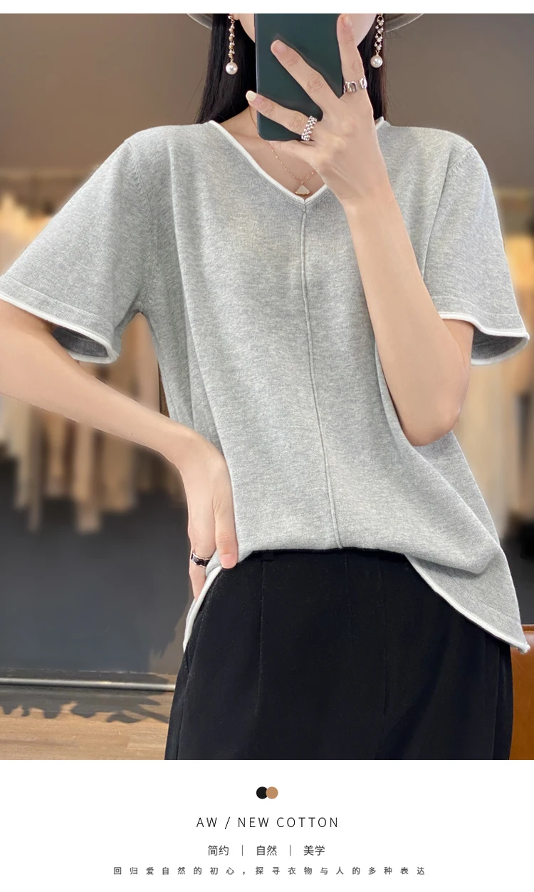100% Cotton T-Shirt Women's V-Neck Pullover Short Sleeve Summer New Casual Knitting Loose Top Fashion Color Contrast T-Shirt