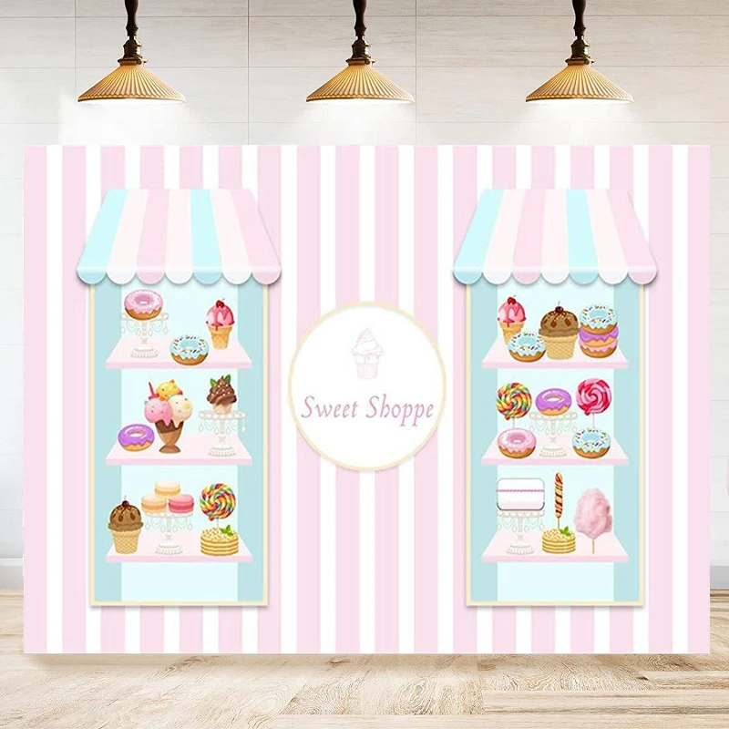 Photography Backdrop Sweet Shoppe Ice Cream Dessert Donut Pink Stripes For Girl Birthday Background Kids Party Banner