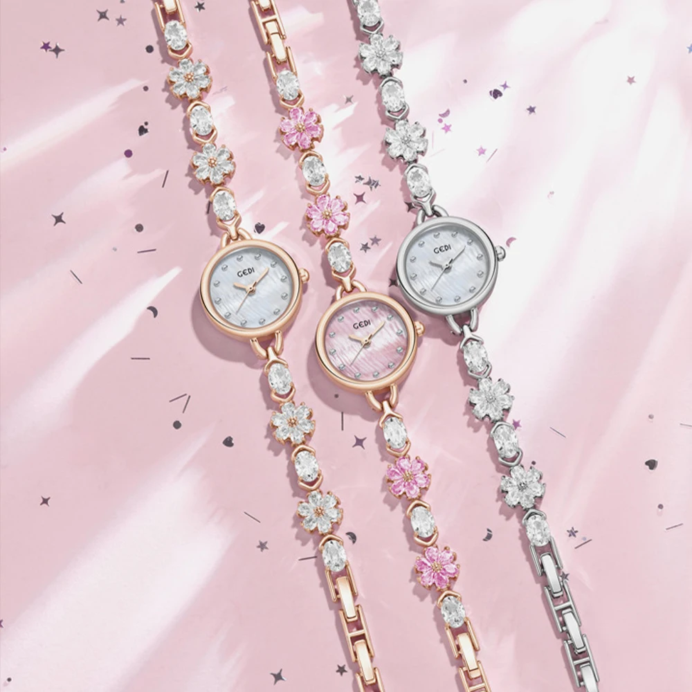 GEDI موضة ساعة نسائية عباد الشمس سوار ساعة خفيفة فاخرة الراقية مجوهرات مزاجه مقاوم للماء ساعة كوارتز للسيدات