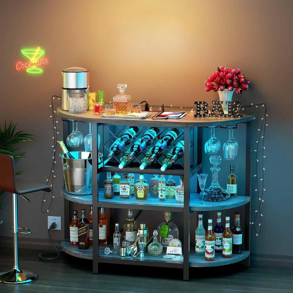 

Bar cabinet with power outlet, LED home mini bar cabinet, metal bar stand with 4 layers of storage, easy to assemble