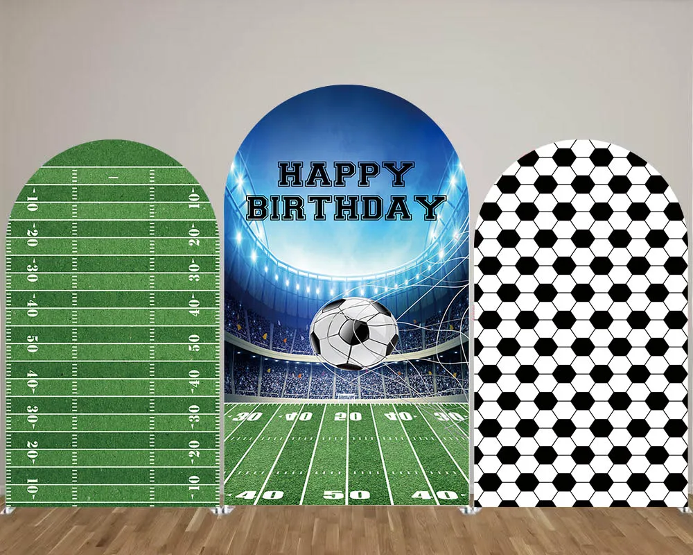 

Mehofond Custom Happy Birthday Arch Cover Football Sports Background Boy Backdrop Soccer Field Spandex Arched Round Top Props