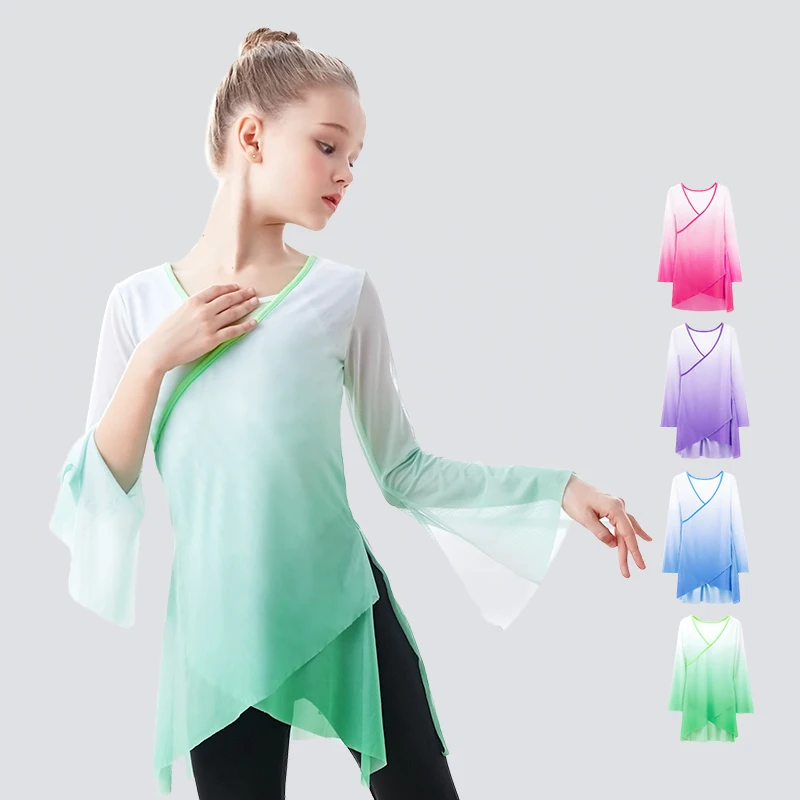 Girls Kids Classical Dance Tops Flare Sleeve Dance Costume Ballet Yoga Tops Graduated Color Folk Dance Coats Gauze Clothes