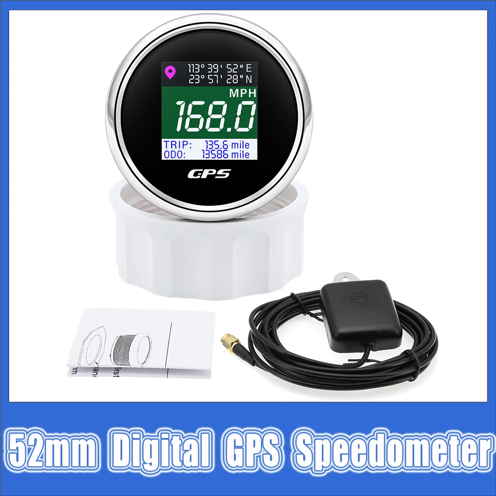 52mm GPS Speedometer With GPS Antenna Waterproof Odometer Voltmeter TFT Screen Motor Boat Car RV Speed Mete