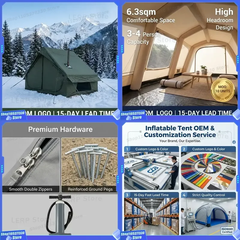 Heavy Duty 6.3sqm Inflatable Winter Tent with Chimney Port Fire Resistant Stove Jack Air Pole House for Wood Stove Camping