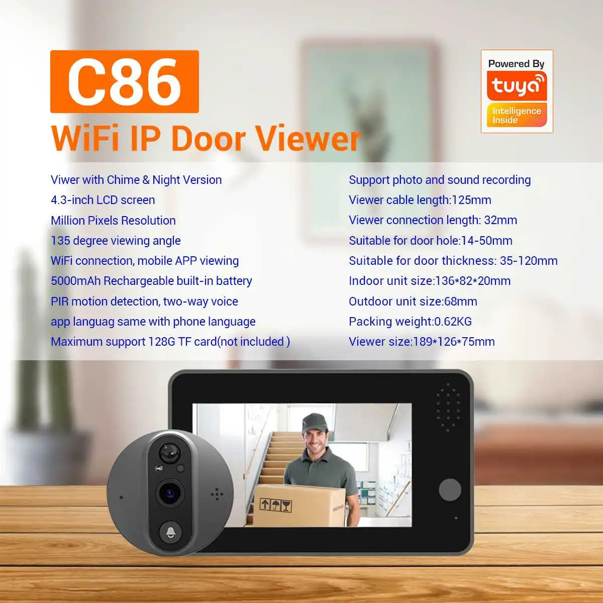 Tuya inteligente wifi campainha peephole câmera, segurança em casa, áudio 2-way, visão noturna, 4,3 "campainha de vídeo fhd, 1080p