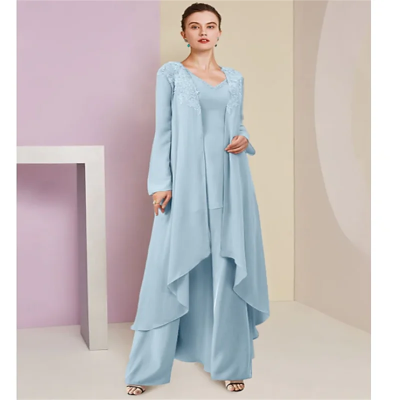 Elegancki garnitur plażowy na wesele, 3-częściowy, dla matki panny młodej, na formalne okazje, dla gościa weselnego, z dekoltem w serek, do ziemi, szyfonowy, koronkowy, bez rękawów, z narzutką.