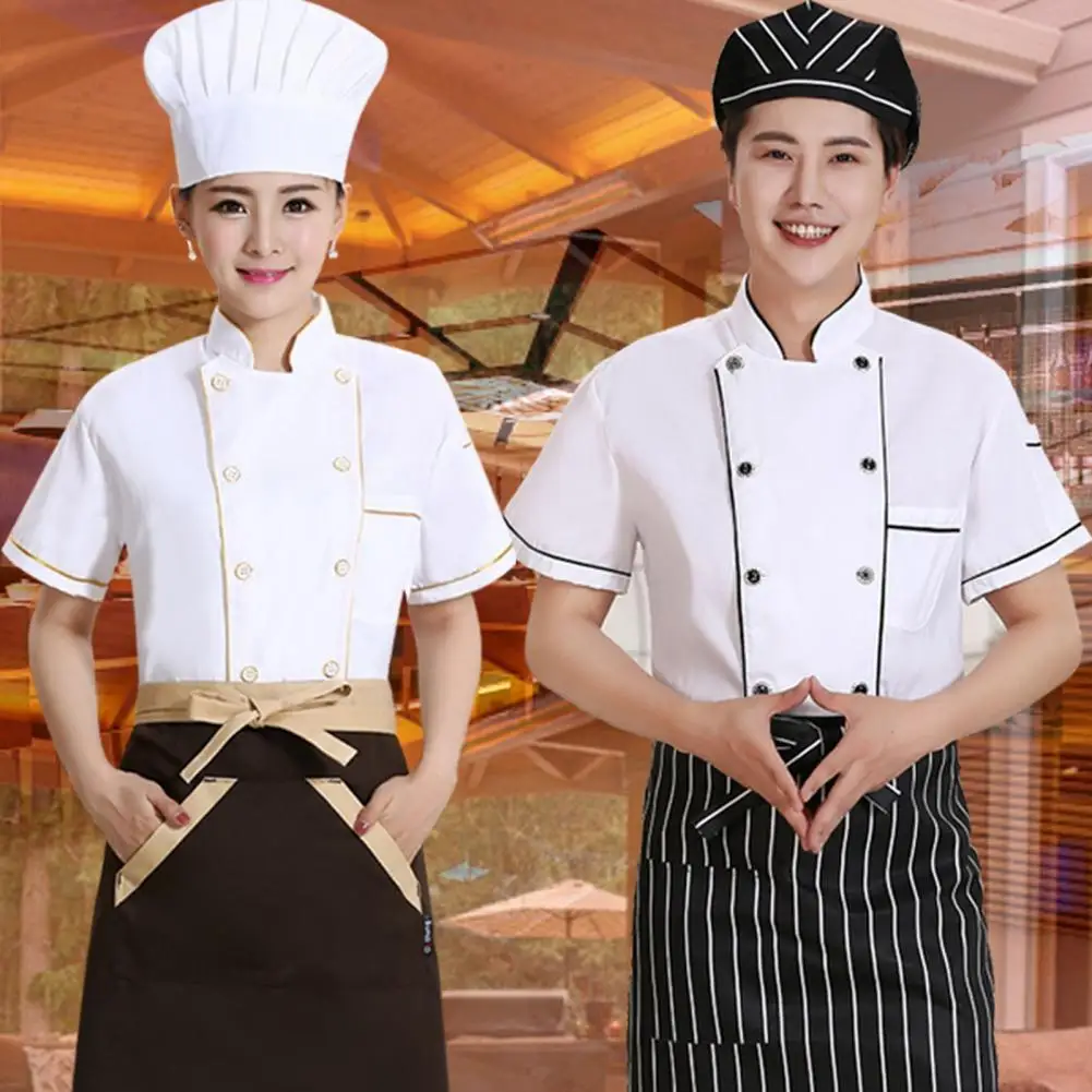 Summer Chef Uniform Double-breasted Short Sleeve Unisex Stand Collar Loose Cook Kitchen Bakery Restaurant Canteen Waiter Top