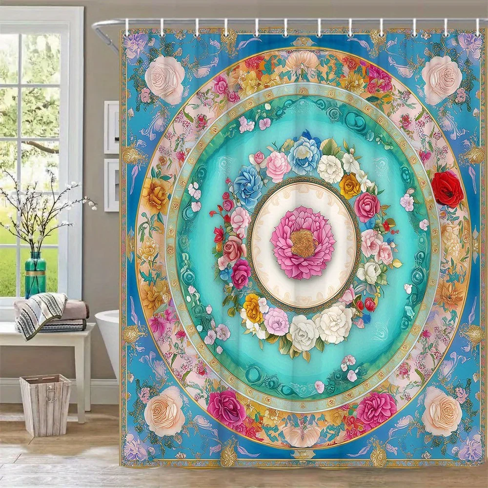

1pc Luxury Floral Mandala Shower Curtain - Extra Long 70x70 Inches Bathroom Window Drapes with Pink for Lotus, Roses, Turquoise