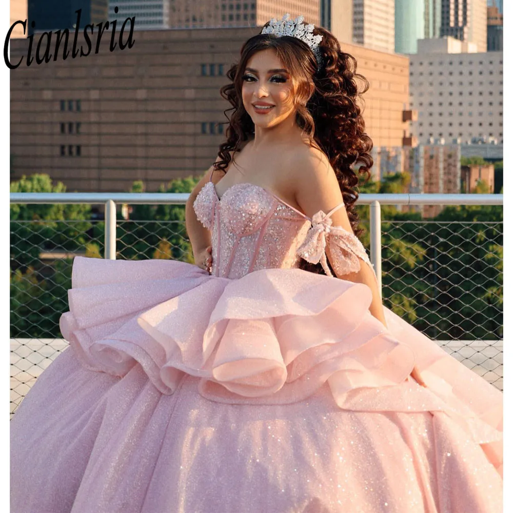 Vestido Quinceanera rosa com flores 3D Beading, mexicano Sixteen Princesa Prom Vestidos