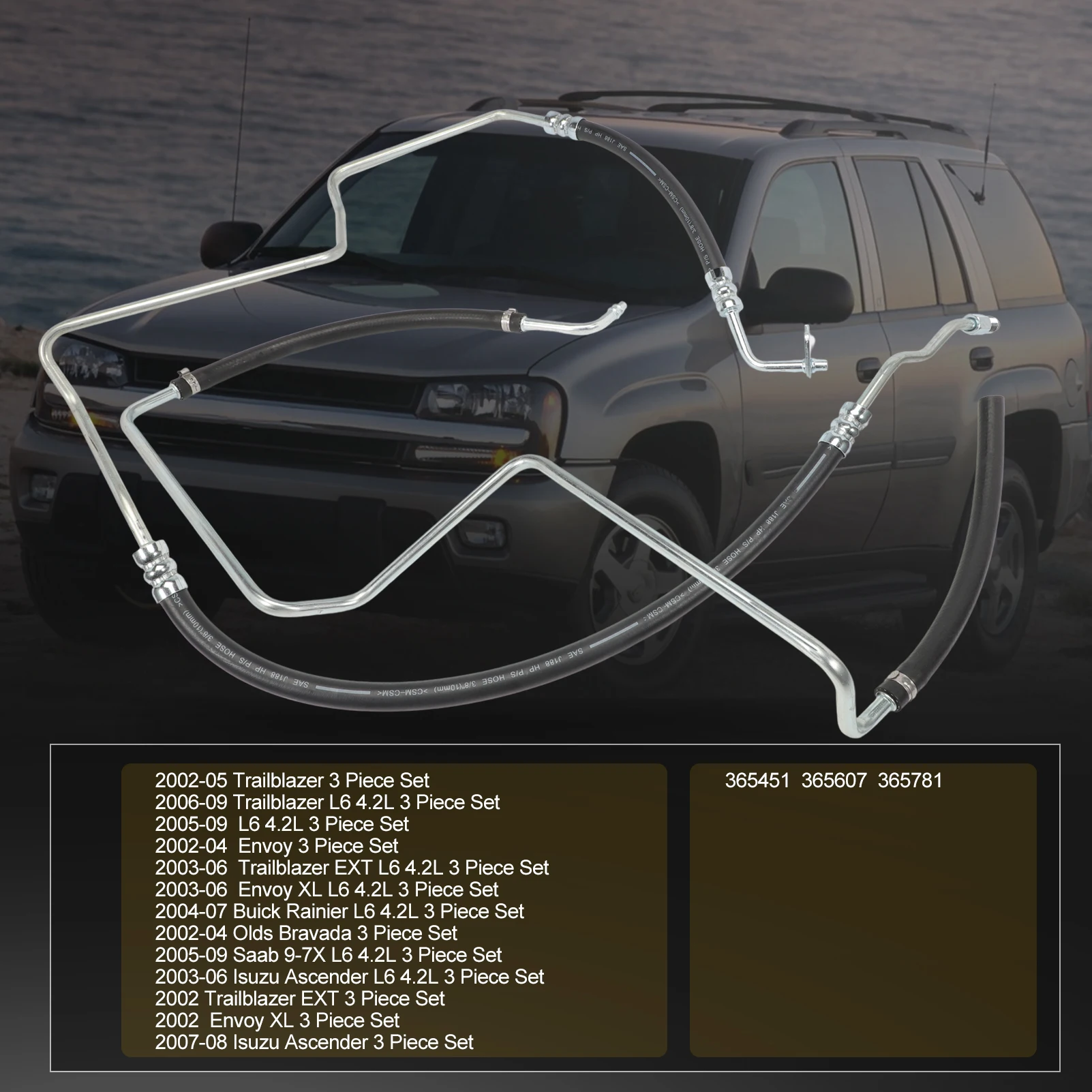 

3PCS Power Steering Hose Pressure Return Line Assembly For 2004-2007 Rainier L6 4.2L 2002-2004 Bravada 365451 365607 365781