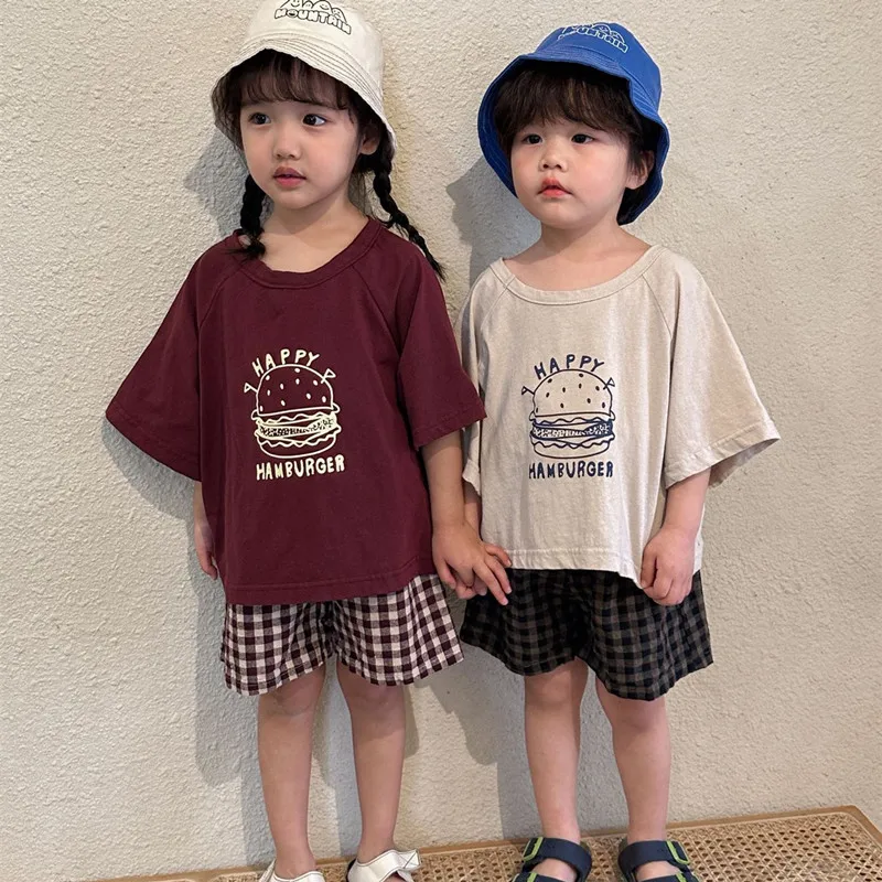 2024 Summer Children's cool clothes set Girls burger printed short sleeve Tee and plaid shorts 2Pcs suit Boys outfit