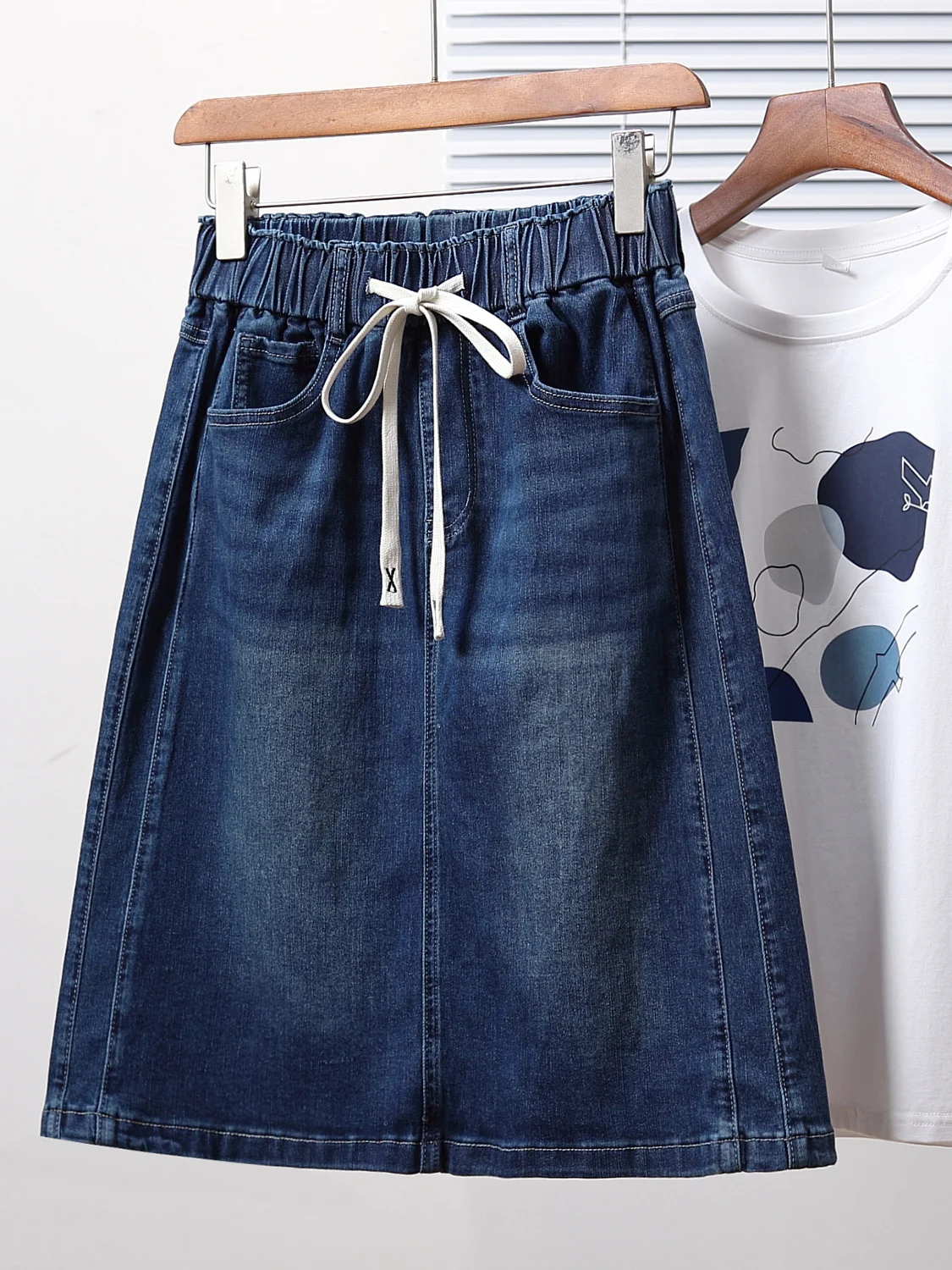 

Джинсовая юбка А-силуэта с высокой талией и эластичным поясом для полных женщин, весна-лето, свободный крой, корейский стиль