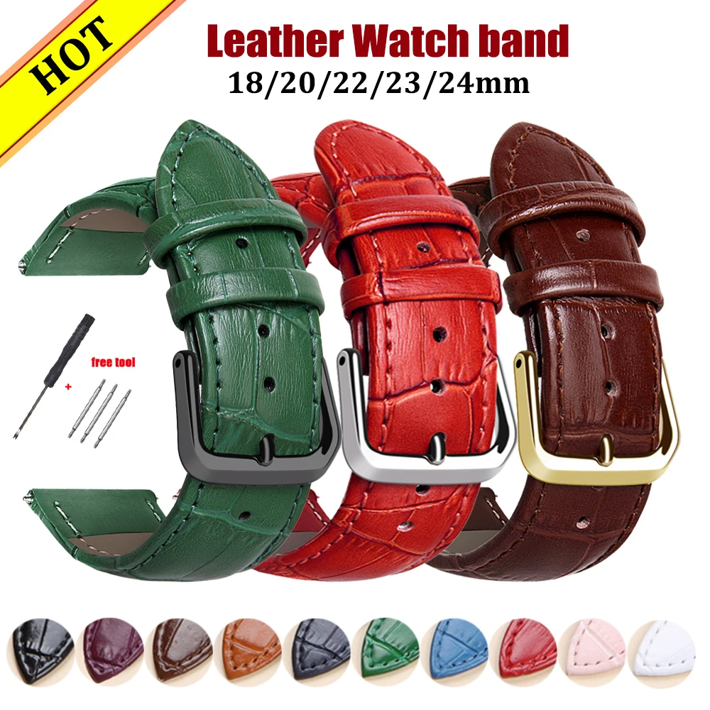 Watch Band Crocodile Pattern Leather Strap 16mm 18mm 20mm 22mm 23mm 24mm Women Mens Replacement Universal Bracelet