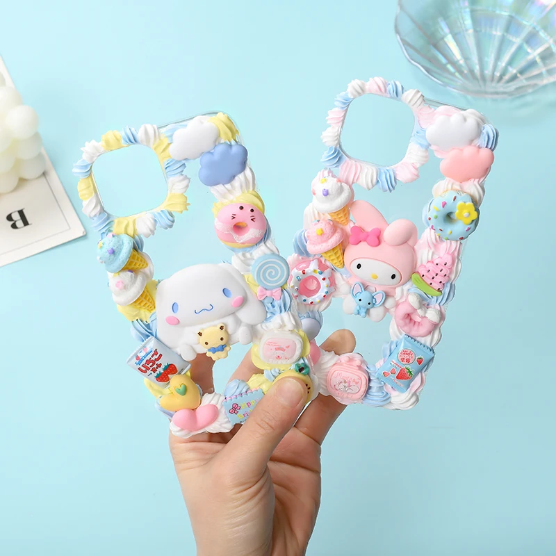 New Sanrio Pompom Purin Cinnamoroll Mymelody Cream Glue Diy Full Set Mobile Phone Shell Material Packageresin Doll Accessories