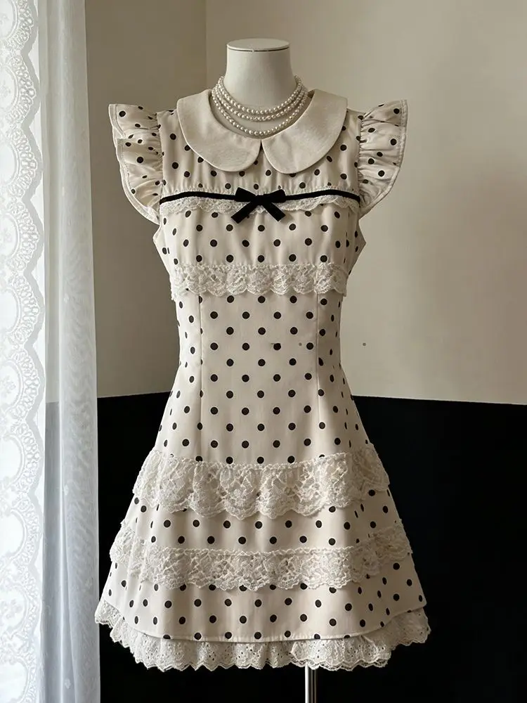 Vestidos Vintage Y2K de los 90, Falda de lunares, Encaje Punk, Vestido ajustado dulce para mujer, Estilo Fairycore, Elegante, Japonés, Harajuku, Sin mangas, Verano