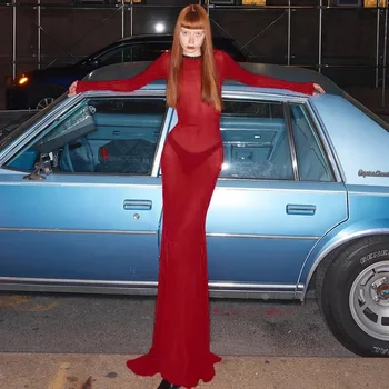 Şeffaf seksi ince Bodycon Maxi elbise See Through 2023 Mesh siyah uzun kollu Backless yaz kadın plaj gece kulübü kıyafet