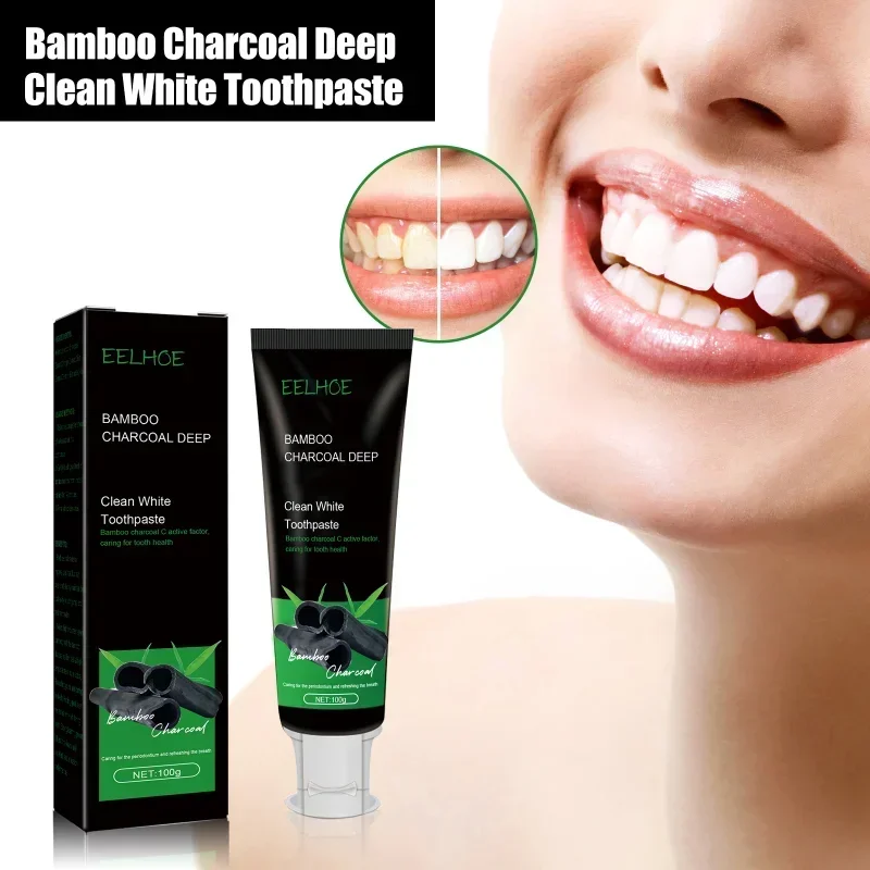 Pasta de dente branqueadora profunda de carvão de bambu, limpeza de manchas de dentes amarelos, tártaro, remove odor da boca, branco brilhante, cuidados bucais