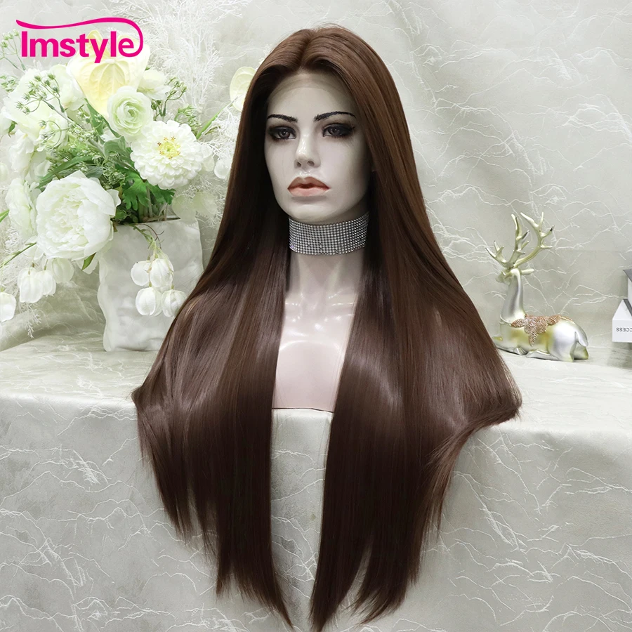 Imstyle Brown Wig Long Synthetic Lace Front Wig Straight Hair Cosplay Wig For Women Heat Resistant Fiber Daily Wigs