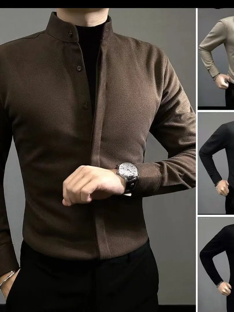 

Теплая шерстяная мужская удлиненная рубашка-свитер приталенного кроя, осенне-зимняя, новая, модная, на пуговицах, с воротником-стойкой, легкая...